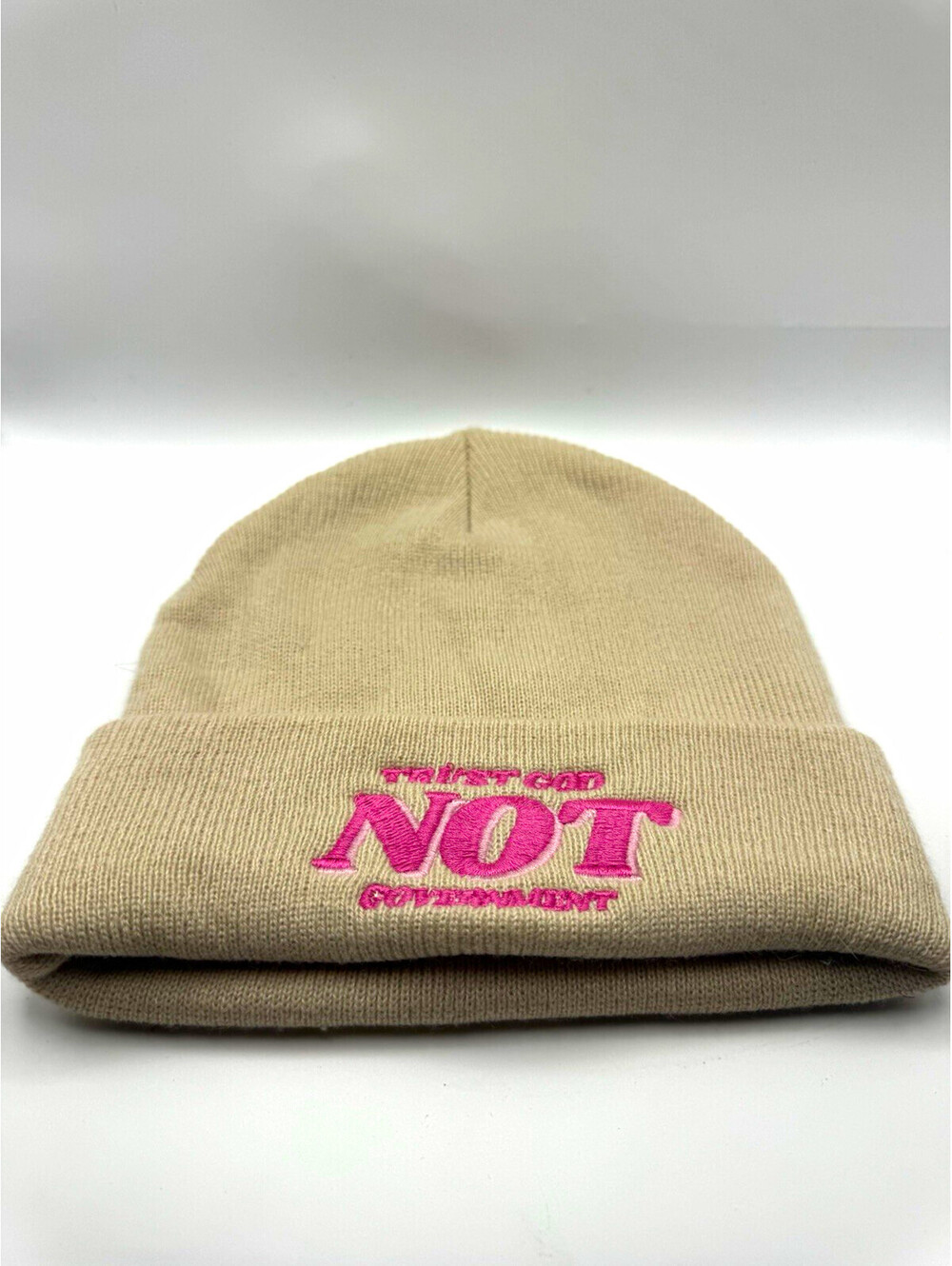 David and Young Beige Knit Beanie Trust God NOT Government Embroidered Pink Hat